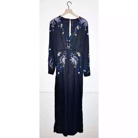Free People Gypsy Rose Jumpsuit Floral Embroidered Black Size 4 Wide Leg NWT$350 - Picture 9 of 16